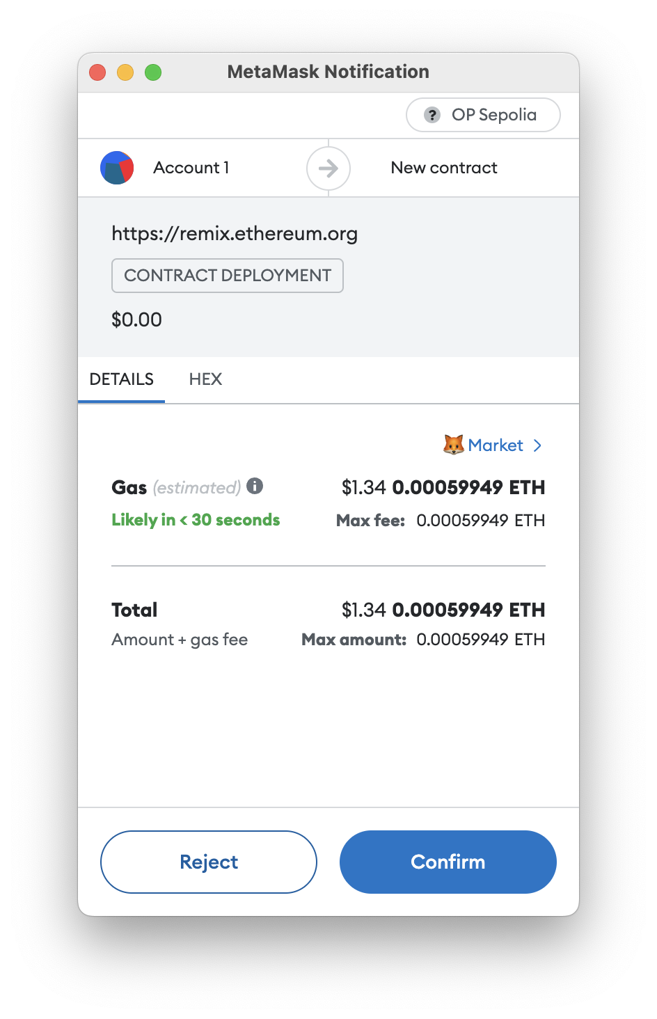 MetaMask contract deployment approval popup.